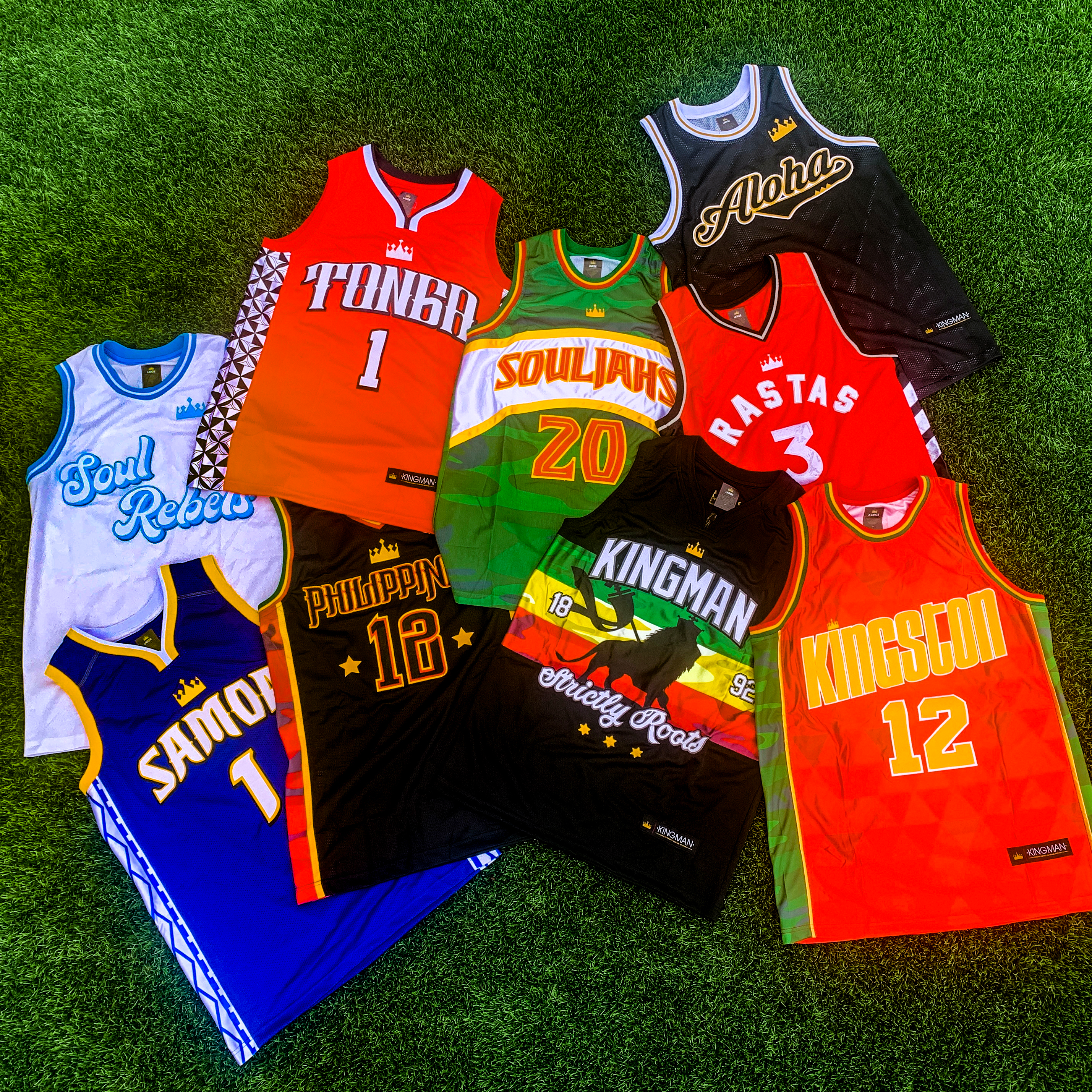 Kingman Roots red aloha jersey, black aloha jersey.